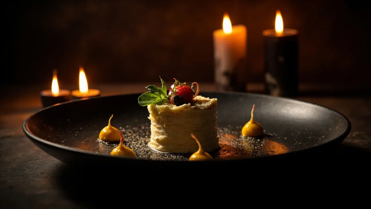 Kunstvoll plattiertes Dessert mit Schokolade und Fruchtkomponenten