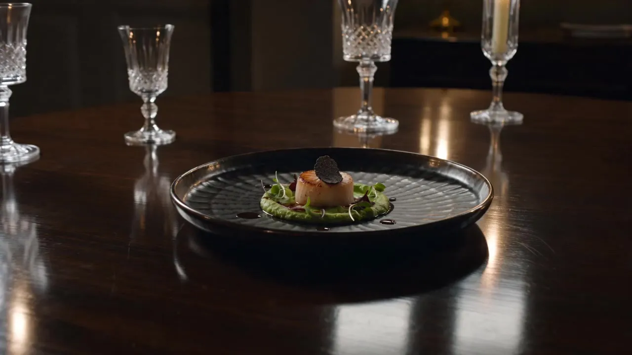 Kunstvoll angerichteter Gourmet-Teller in dunklem, stimmungsvollem Restaurantlicht