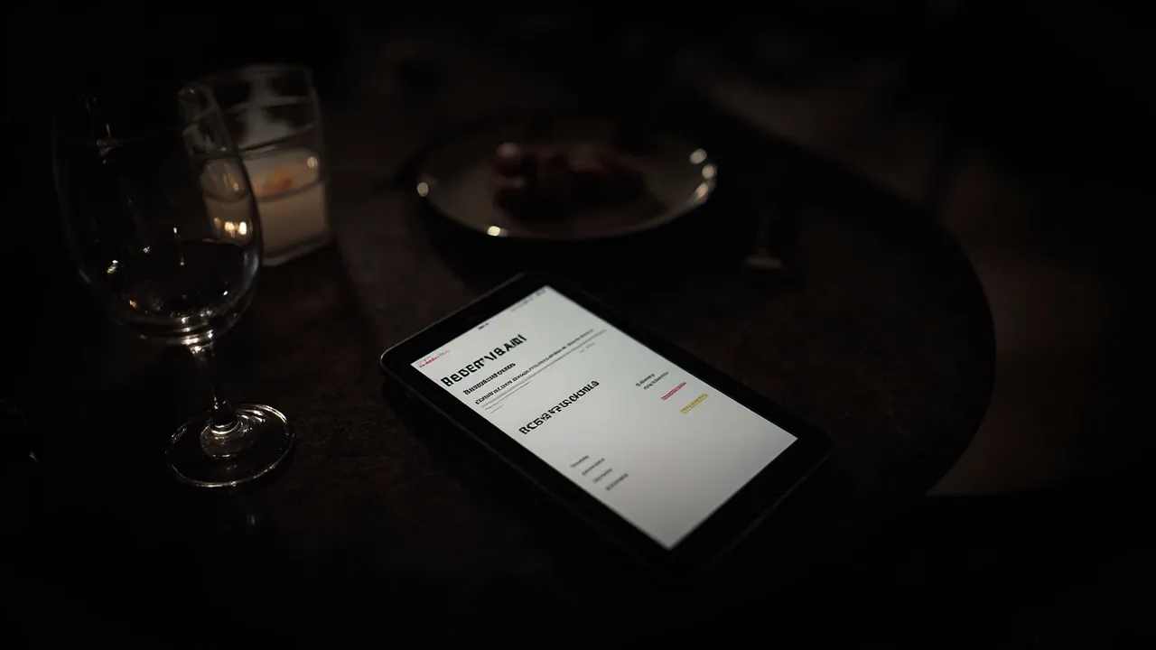 Gast tippt auf einem Smartphone eine Tischreservierung in einem Restaurant ein, im Hintergrund ein gedeckter Tisch