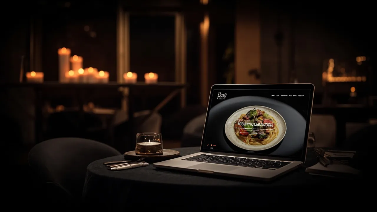 Stimmungsvoll beleuchteter Gastraum eines gehobenen Restaurants mit eingedeckten Tischen und warmem Abendlicht